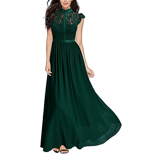 

Women's Swing Dress Maxi long Dress Army Green Black Navy Blue Short Sleeve Solid Colored Lace Summer Crew Neck Elegant Belt Not Included S M L XL XXL