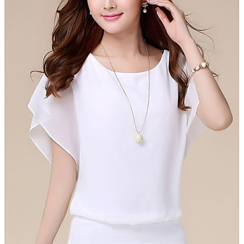 

Women's Blouse Shirt Plain Solid Colored Round Neck Tops White Black Blue