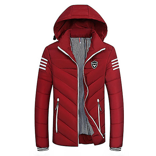 

Men's Padded Daily Winter Regular Coat Hooded Standard Fit Jacket Long Sleeve Striped Black Red
