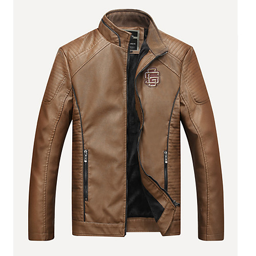 

Men's Faux Leather Jacket Daily Winter Fall & Winter Regular Coat Stand Collar Basic Jacket Long Sleeve Solid Colored Khaki Black