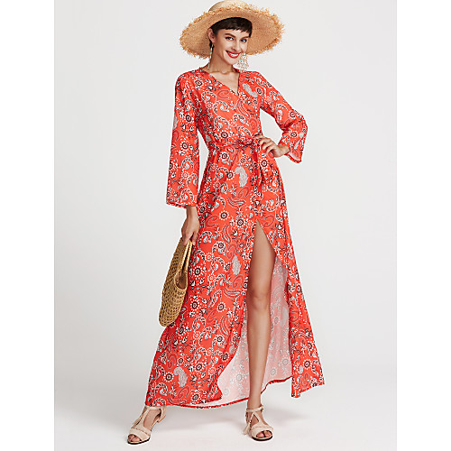 

Women's Skater Maxi long Dress Red Long Sleeve Red Floral Print Summer V Neck Sophisticated Slim Floral S M L XL XXL