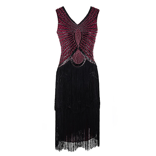 

The Great Gatsby Charleston 1920s Roaring Twenties Vacation Dress Flapper Dress Masquerade Cocktail Dress Prom Dress Women's Sequins Tassel Fringe Rivet Costume Red / black / Black Vintage Cosplay
