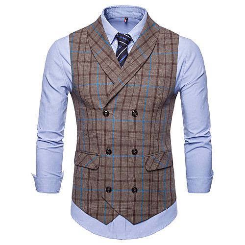 

Men's Vest Daily Work Business Basic Plaid Slim Cotton / Polyester Men's Suit Blue / Orange - Notch lapel collar / Fall / Winter / Sleeveless / Plus Size / Business Casual