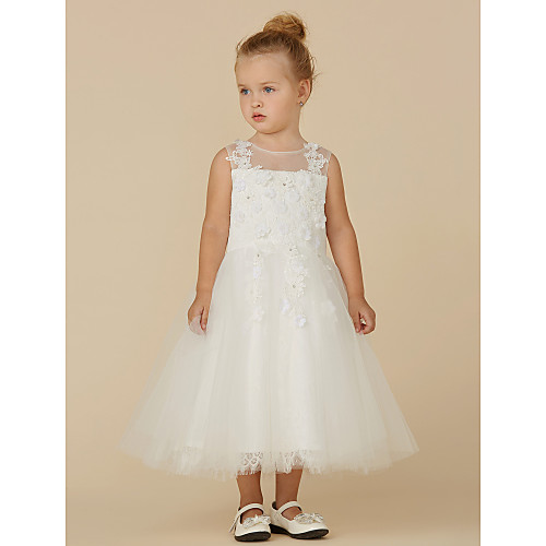 

Princess Tea Length Flower Girl Dresses Wedding Lace Sleeveless Illusion Neck with Beading / First Communion