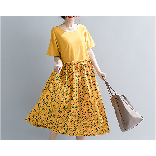 

Women's Shift Dress Knee Length Dress Yellow Green Orange Short Sleeve Round Neck XL / Cotton / Cotton