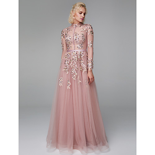 

A-Line Chinese Style Elegant Floral Prom Formal Evening Dress High Neck Long Sleeve Floor Length Lace Tulle with Buttons Embroidery 2021