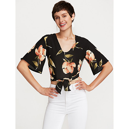 

Women's Shirt Floral Bow Print 3/4 Length Sleeve Holiday Tops Cotton Active Basic Black