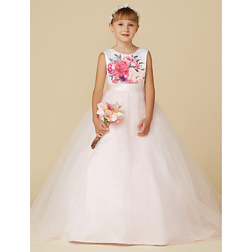 

Princess Sweep / Brush Train Flower Girl Dresses Wedding Satin Sleeveless Jewel Neck with Sash / Ribbon