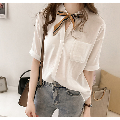 

Women's Shirt Solid Colored Half Sleeve Daily Tops Cotton White Blue