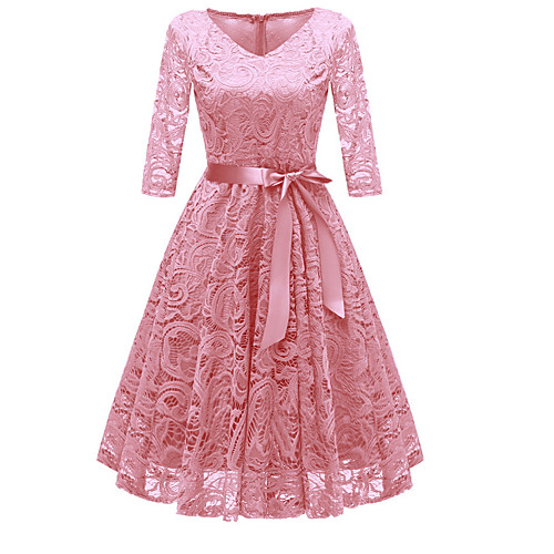 

Women's A Line Dress Knee Length Dress Blushing Pink Wine Gray Navy Blue Beige Long Sleeve Dusty Rose Lace Bow Fall V Neck 1950s Vintage Party Going out S M L XL XXL 3XL