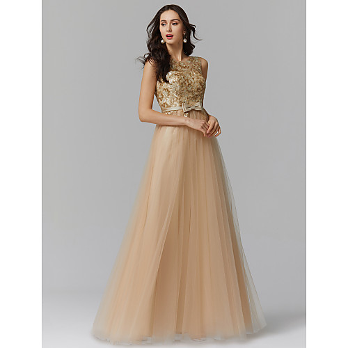 

A-Line Elegant Sparkle & Shine Beaded & Sequin Formal Evening Black Tie Gala Dress Jewel Neck Sleeveless Floor Length Tulle with Bow(s) Appliques 2021