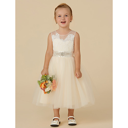 

Princess Tea Length Flower Girl Dresses Wedding Lace Sleeveless Illusion Neck with Sash / Ribbon