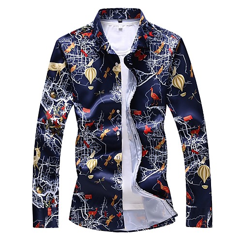

Men's Shirt Animal Plus Size Print Long Sleeve Daily Slim Tops Basic Spread Collar White Navy Blue