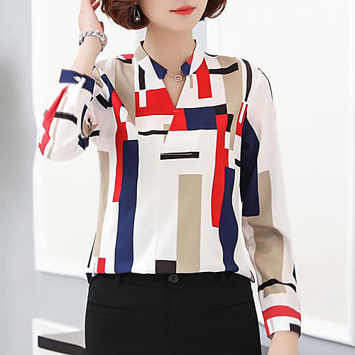 

Women's Blouse Color Block Geometric Print Long Sleeve Daily Tops Streetwear Black Red Yellow