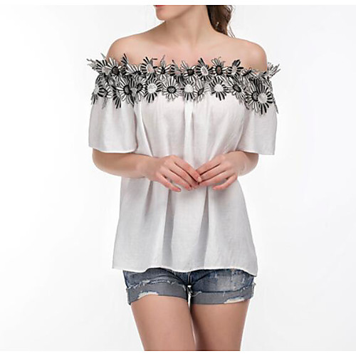 

Women's Blouse Solid Colored Tassel Fringe Short Sleeve Daily Tops Cotton Vintage White Blue