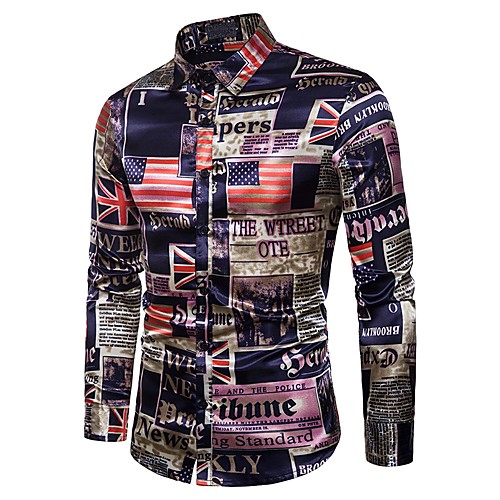 

Men's Shirt Geometric Patchwork Long Sleeve Daily Tops Basic Navy Blue