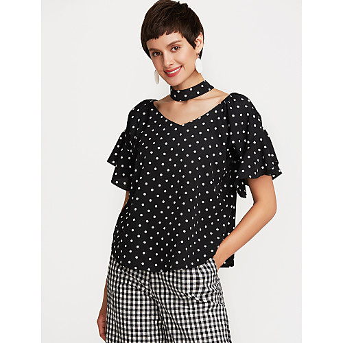 

Women's Blouse Polka Dot Backless Ruffle Half Sleeve Daily Tops Cotton Active Basic Black