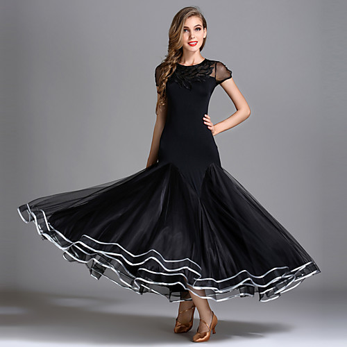

Ballroom Dance Dress Draping Women's Performance Short Sleeve High Senior Emulation Silk Tulle Ice Silk