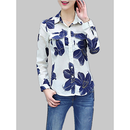 

Women's Shirt Solid Colored Geometric Floral Print Long Sleeve Daily Tops Cotton White Blue Brown