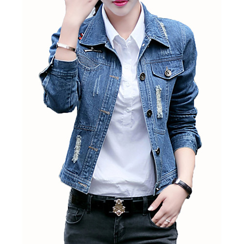 

Women's Denim Jacket Daily Fall Regular Coat Basic Jacket Long Sleeve Solid Colored Blue / Cotton