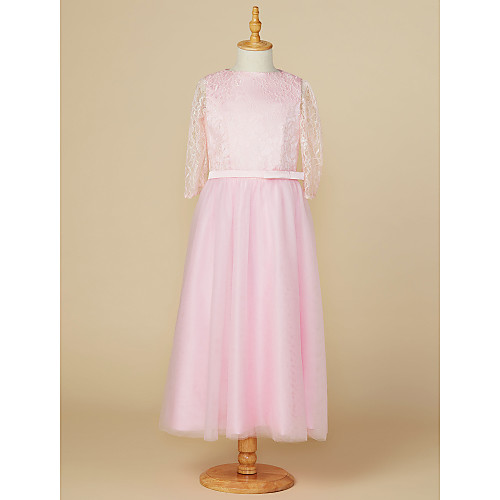 

A-Line Tea Length Junior Bridesmaid Dress Party Lace 3/4 Length Sleeve Jewel Neck with Bow(s) / Wedding Party