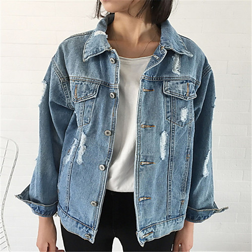 

Women's Denim Jacket Daily Regular Coat Shirt Collar Basic Jacket Long Sleeve Solid Colored Blue
