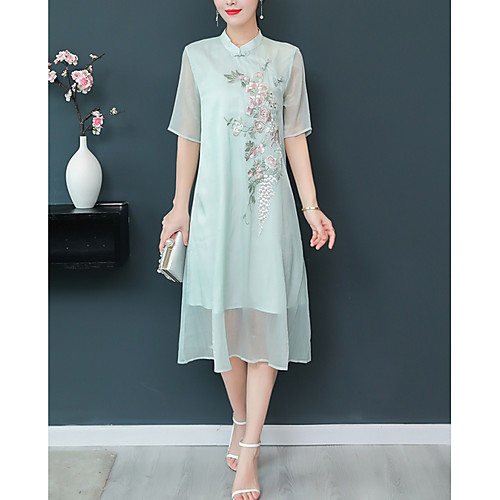 

Women's A Line Dress Midi Dress Light Green Half Sleeve Stand Collar Going out Slim S M L XL XXL