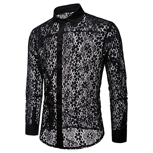 

Men's Shirt Solid Colored Cut Out Mesh Long Sleeve Party Tops Basic Sexy White Black / Lace / Club