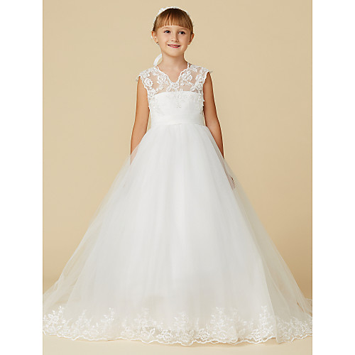 

Princess Court Train Flower Girl Dresses Wedding Lace Sleeveless V Neck with Sash / Ribbon / First Communion