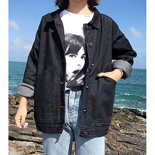 

Women's Denim Jacket Practice Regular Coat Shirt Collar Jacket Long Sleeve Solid Colored Black / Beach