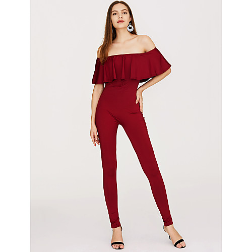 

Women's Streetwear Holiday Off Shoulder Off Shoulder White Black Wine Skinny Jumpsuit Solid Colored Ruffle