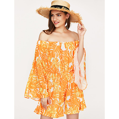 

Women's Bohemian Style Going out Boat Neck Off Shoulder Orange Romper Floral Color Block