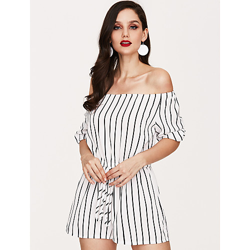 

Women's Active Streetwear Daily Holiday Going out Boat Neck Off Shoulder White Blue Romper Striped Color Block / Wide Leg / Club / Beach