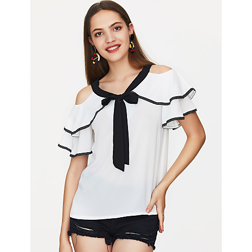 

Women's Blouse Solid Colored Short Sleeve Going out Tops White Blue
