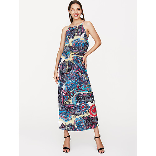 

Women's Shift Dress Maxi long Dress Blue Sleeveless Floral Print Summer Round Neck Basic Loose S M L XL