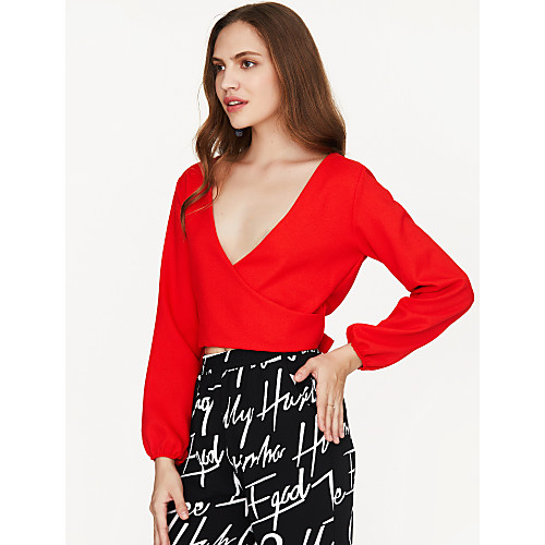 

Women's Blouse Solid Colored Long Sleeve Daily Tops White Black Red / Crop