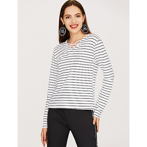 

Women's T shirt Striped Criss Cross Long Sleeve Daily Tops Active Streetwear White