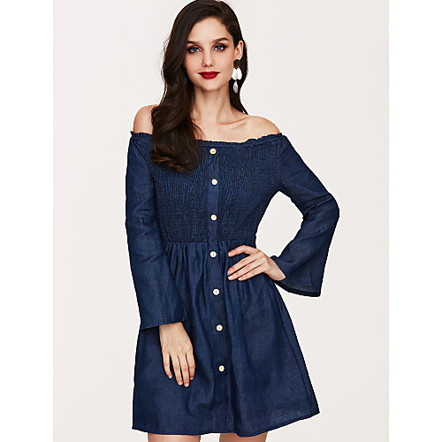 

Women's Denim Dress Short Mini Dress Blue Long Sleeve Solid Color Fall Winter Strapless Going out Belt Not Included Off Shoulder S M L XL
