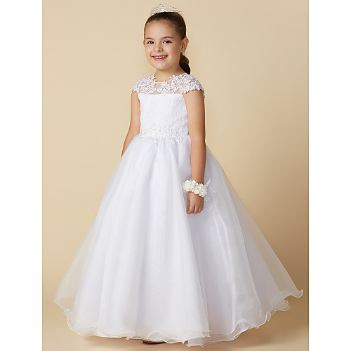 

Ball Gown Ankle Length Flower Girl Dresses Wedding Lace Short Sleeve Jewel Neck with Beading / First Communion