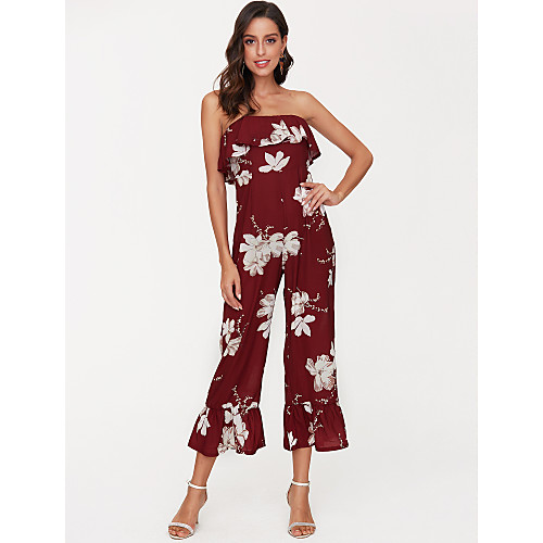 

Women's Plus Size Basic Daily Boat Neck Red Slim Jumpsuit Floral Print / Wide Leg / Sexy