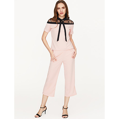

Women's Solid Colored Party Two Piece Set Crew Neck Blouse Set Pant Lace Wide Leg Tops