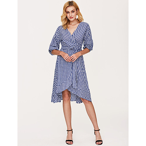 

Women's Sheath Dress Midi Dress Blue Long Sleeve Blue Plaid Check Print Summer V Neck Streetwear Plaid One-Size