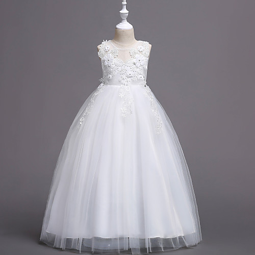 

Princess Long Length Flower Girl Dresses Wedding Satin Sleeveless Jewel Neck with Belt / First Communion