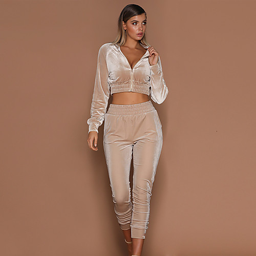 

Women's Plain Solid Color Two Piece Set Shirt Collar Hoodie Tracksuit Pant Loungewear Jogger Pants Patchwork Tops / Slim / Crop