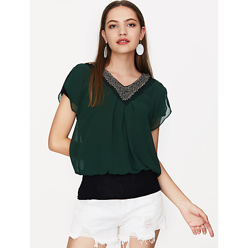 

Women's Blouse Solid Colored Beaded Short Sleeve Daily Tops Basic Black Wine Green