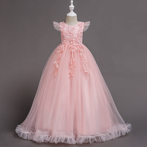 

A-Line Floor Length Flower Girl Dresses Party Tulle Short Sleeve Jewel Neck with Bow(s)