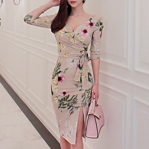 

Women's Bodycon Knee Length Dress Beige 3/4 Length Sleeve Floral Print Spring V Neck Slim Floral S M L XL / Cotton / Cotton