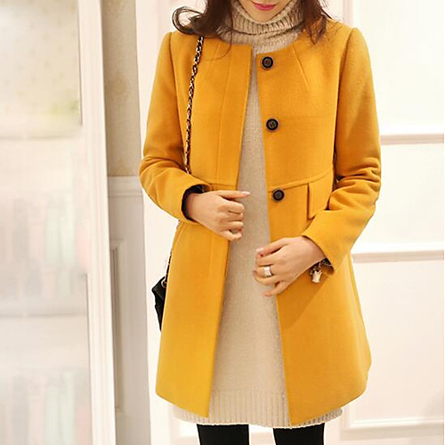 

Women's Coat Daily Work Basic Street chic Plus Size Long Solid Colored Wool Purple / Red / Yellow S / M / L