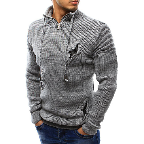 

Men's Basic Hole Solid Colored Pullover Cotton Long Sleeve Regular Sweater Cardigans Stand Collar Fall Winter Black Army Green Light gray