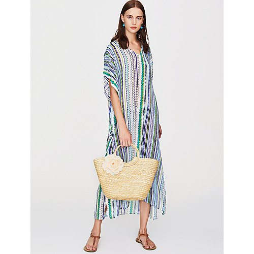 

Women's Tunic Maxi long Dress White Short Sleeve Striped Geometric Summer Deep V Boho Holiday Beach Loose Striped One-Size